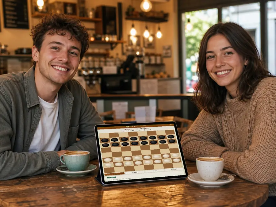 Two players sharing one device for a face-to-face Turkish draughts game